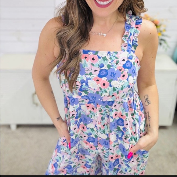 New Kori Floral Print Ruffle Straps with Back Tie Jumpsuit in Lavender Size XL - Picture 2 of 14